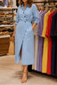Women's Wrap Belt A-Line Midi Shirt Dress with Pockets in light blue