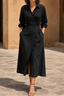 Women's Wrap Belt A-Line Midi Shirt Dress with Pockets in black