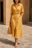 Women's Wrap Belt A-Line Midi Shirt Dress with Pockets in yellow