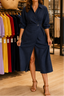 Women's Wrap Belt A-Line Midi Shirt Dress with Pockets in navy blue
