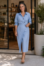 Women's Wrap Belt A-Line Midi Shirt Dress with Pockets