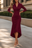 Women's Wrap Front Stretch Satin Midi Dress in burgundy