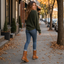 Women's Wrap Lace Mid Calf Combat Boots worn on a fall street